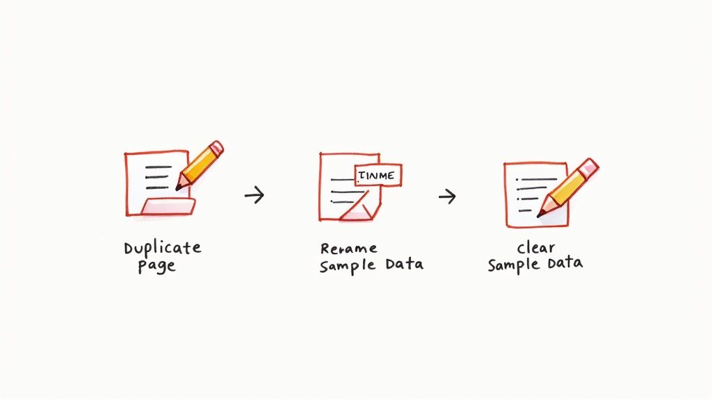 Flowchart showing steps to duplicate a page, rename sample data, and clear sample data.