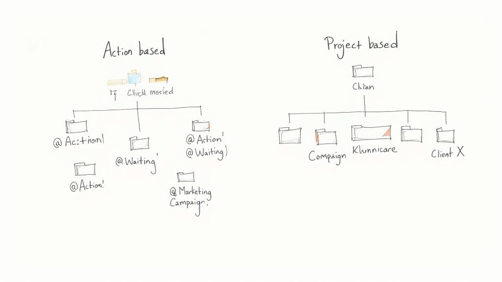 Two diagrams illustrating action-based and project-based organizational structures with folder hierarchies.