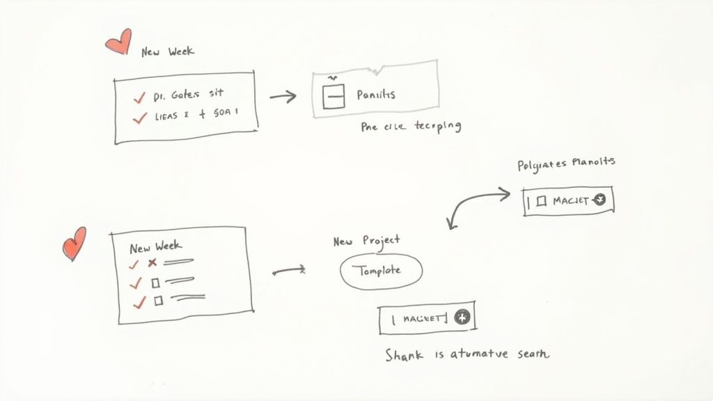 Hand-drawn sketch showing weekly task management workflow with checkboxes and project templates in Notion