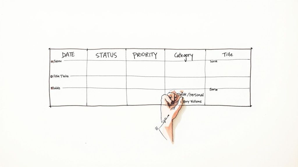A handwritten notion-style weekly planning template with entries for tasks and a hand writing.