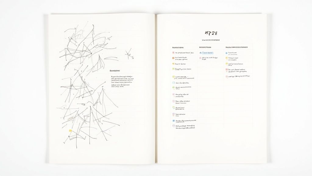 Open notebook showing brainstorming sketches on left page and structured note taking template on right page