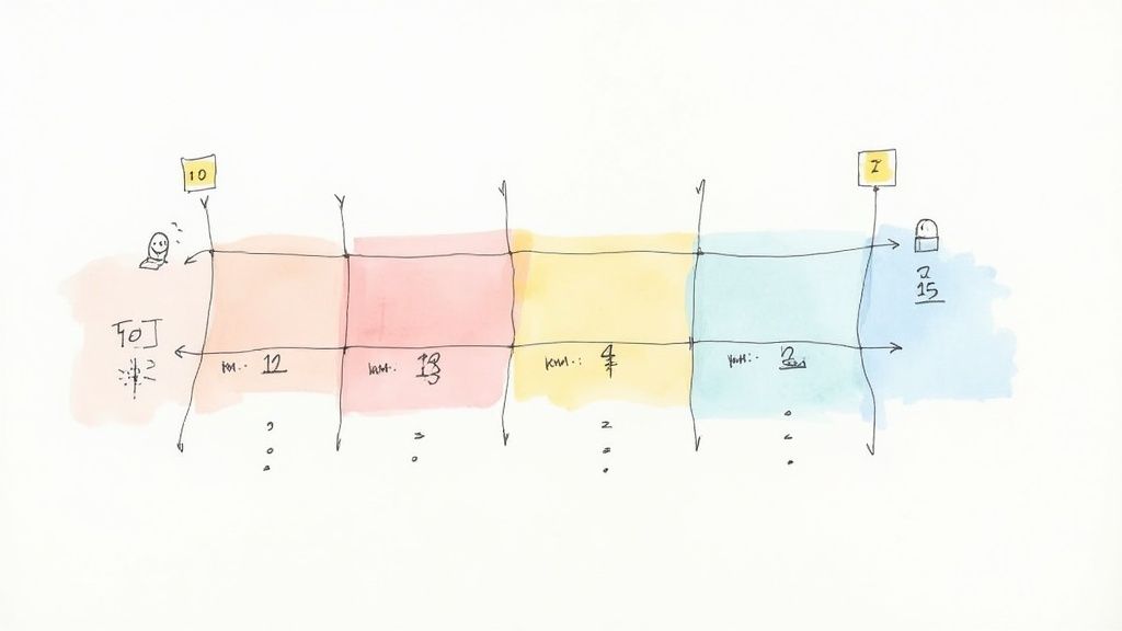 Hand-drawn timeline with colorful time-boxed segments, numbers, and planning symbols.