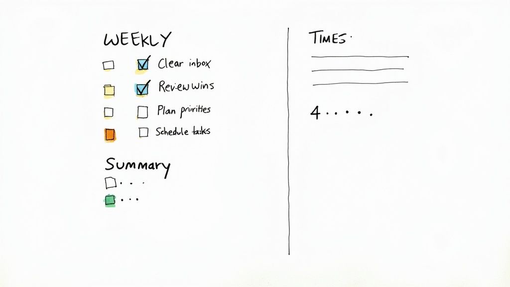 A handwritten weekly planner showing tasks like 'Clear inbox' and 'Review wins' with checkboxes.