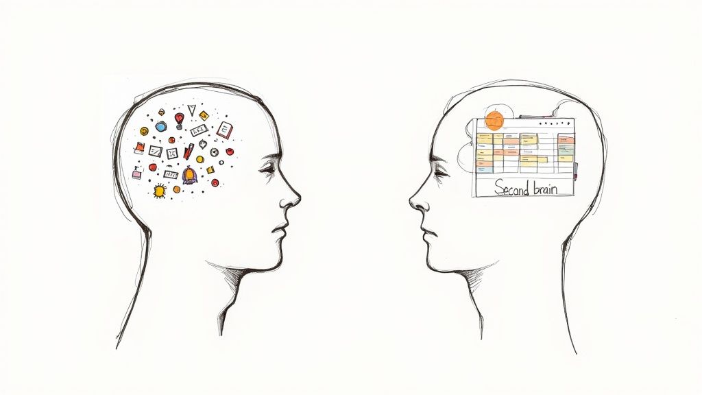 Two head profiles comparing chaotic thoughts versus organized second brain system with structured notes