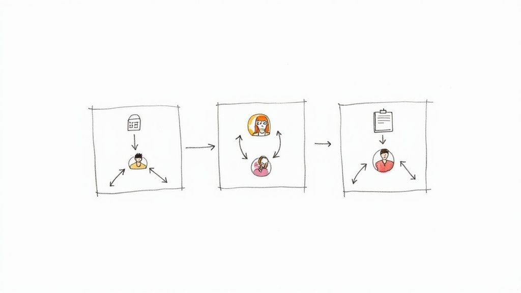 A simple hand-drawn workflow diagram showing three distinct stages of human and document interaction.