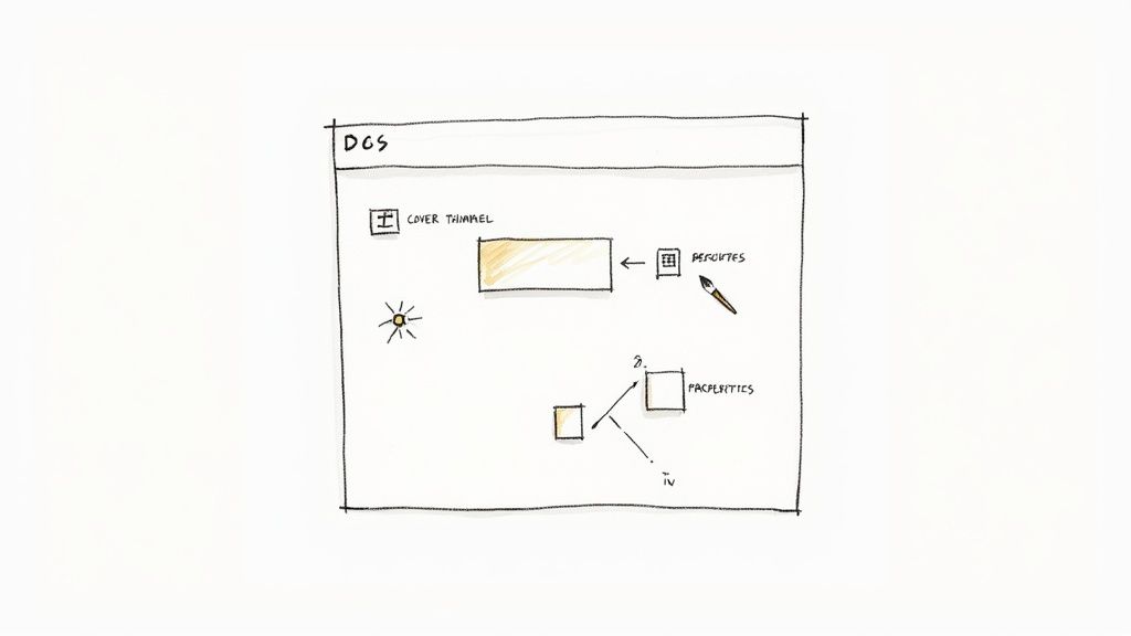 A hand-drawn diagram showing a dashboard interface with sections for cover thumbnail, perks, and properties.