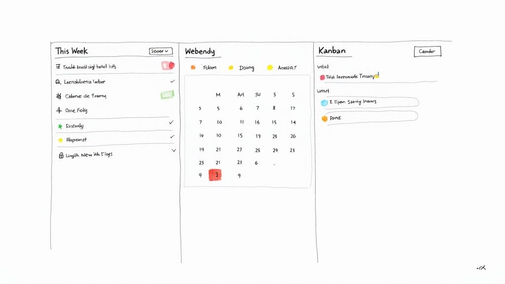 A hand-drawn digital weekly planner interface showing tasks, a calendar, and Kanban boards.
