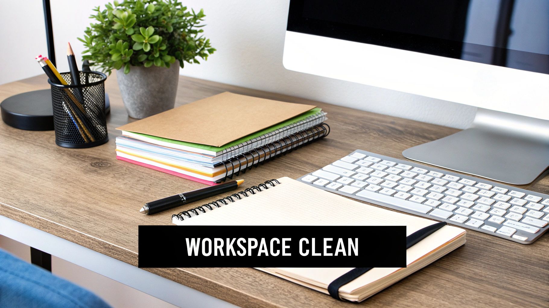 A minimalist desk setup with a laptop showing a clean and organized Notion project management template.