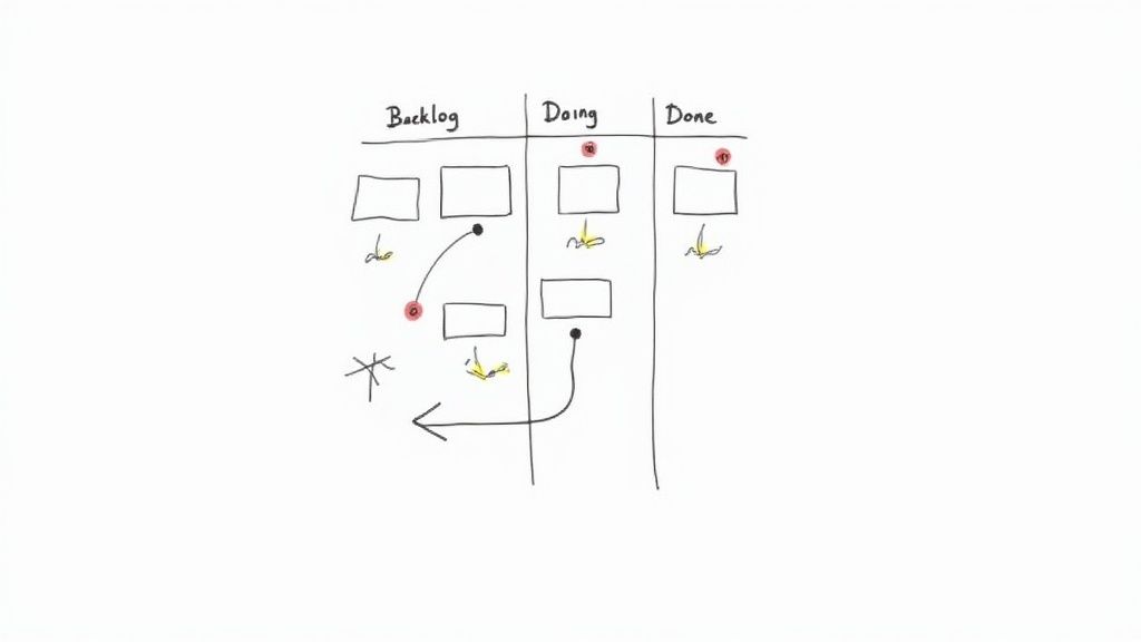 A hand-drawn Kanban board illustrating task flow from backlog to done columns.