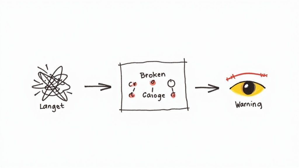 A flow diagram illustrating a chaotic input, a broken system, and a warning eye.