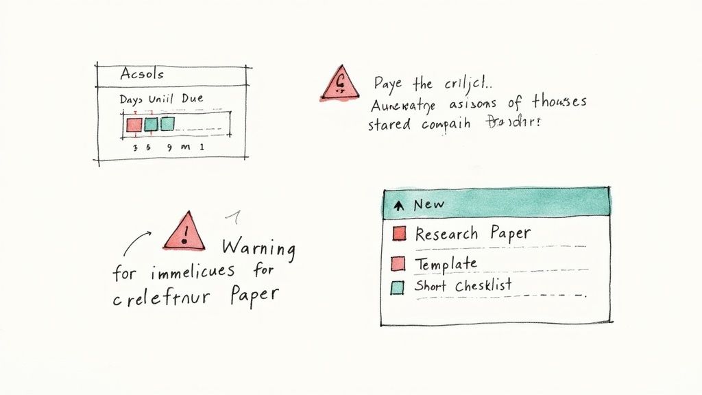 Hand-drawn sketches of a task tracker, warning signs, and a checklist for new research papers and templates.