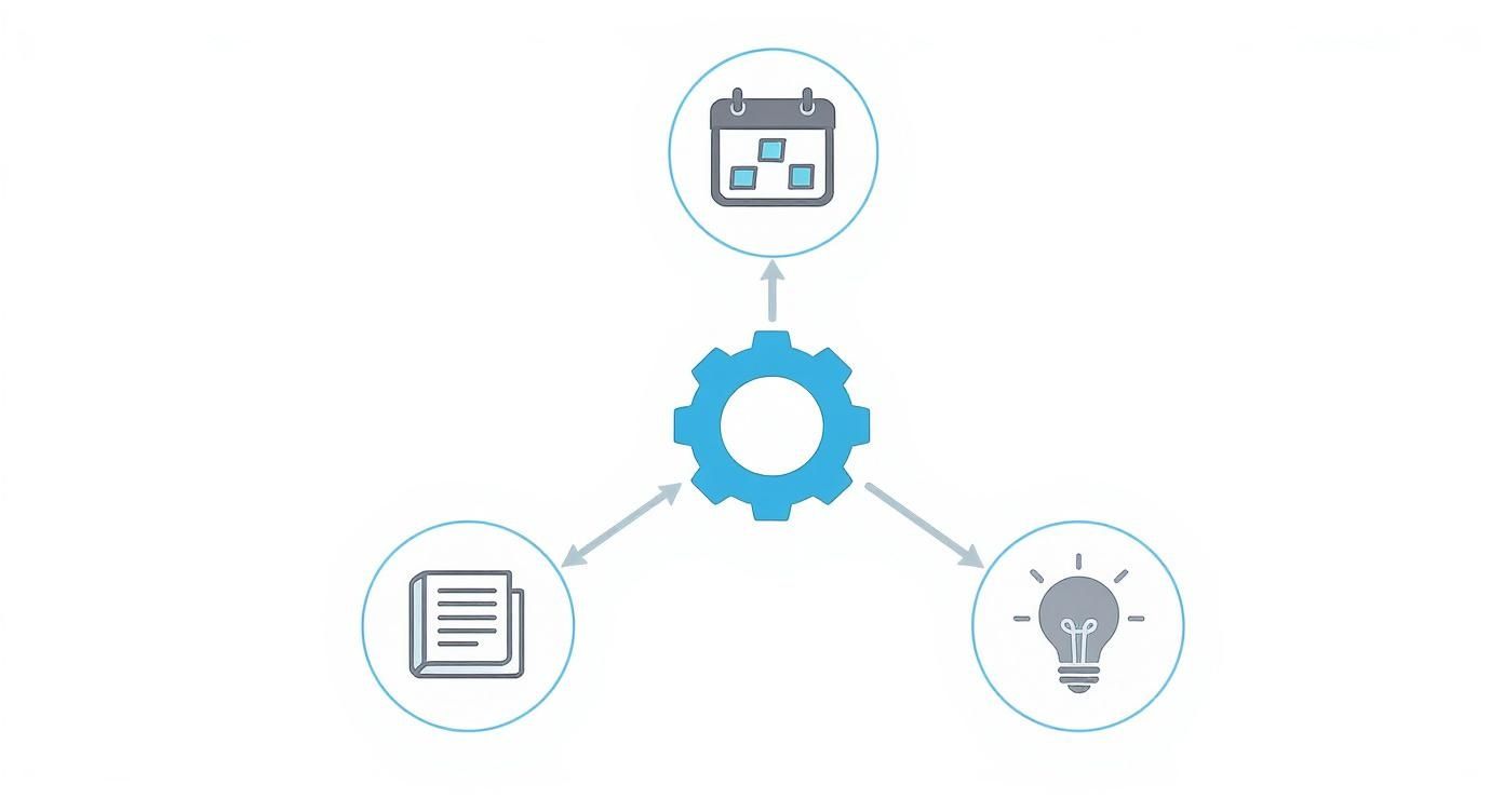 Blue gear icon connecting three circular icons representing calendar scheduling, documentation, and ideas or innovation