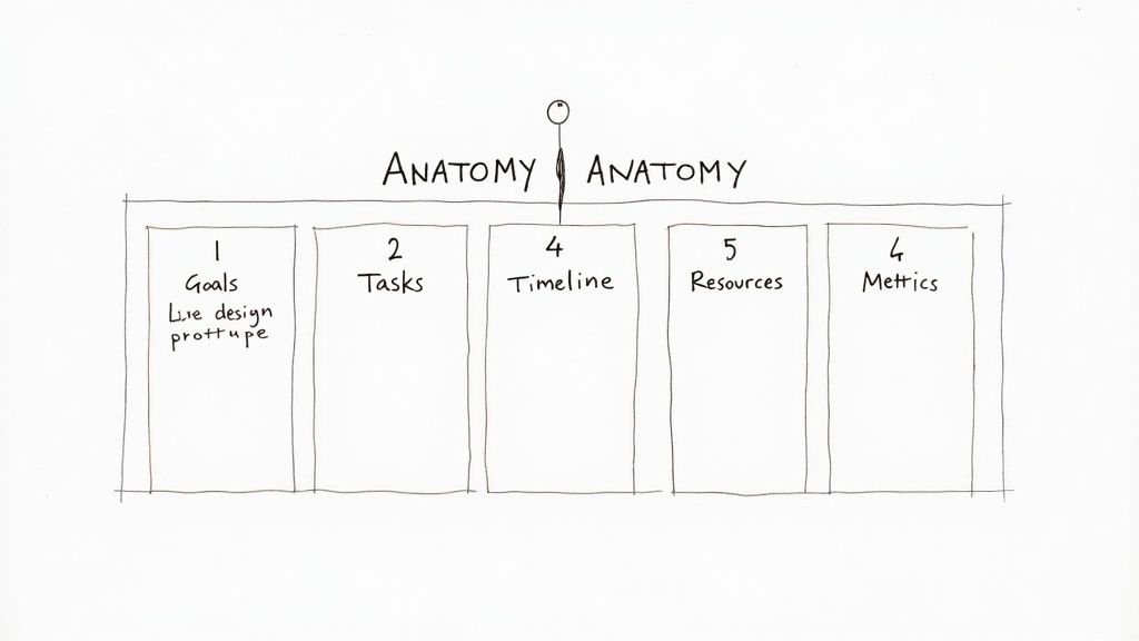 Hand-drawn diagram showing 'Anatomy' sections for a work plan: goals, tasks, timeline, resources, and metrics.