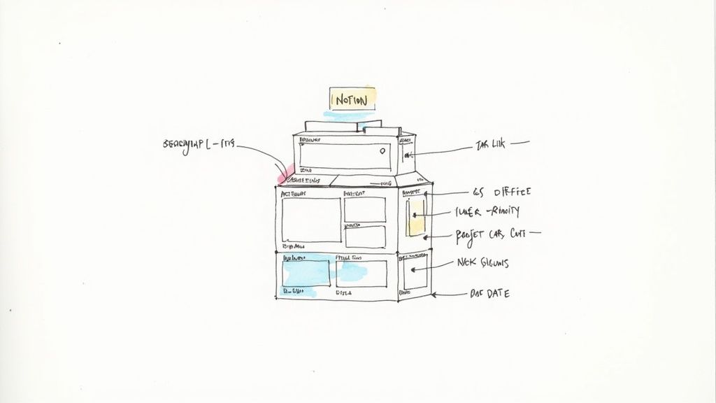 A person working on a Notion project management template on a laptop.