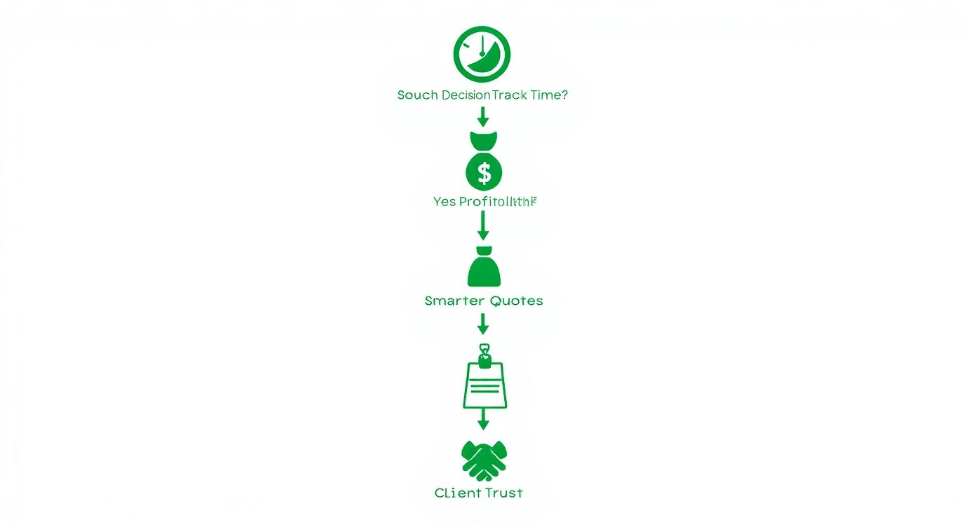 Infographic decision tree showing that tracking time leads to profitability, smarter quotes, and increased client trust.