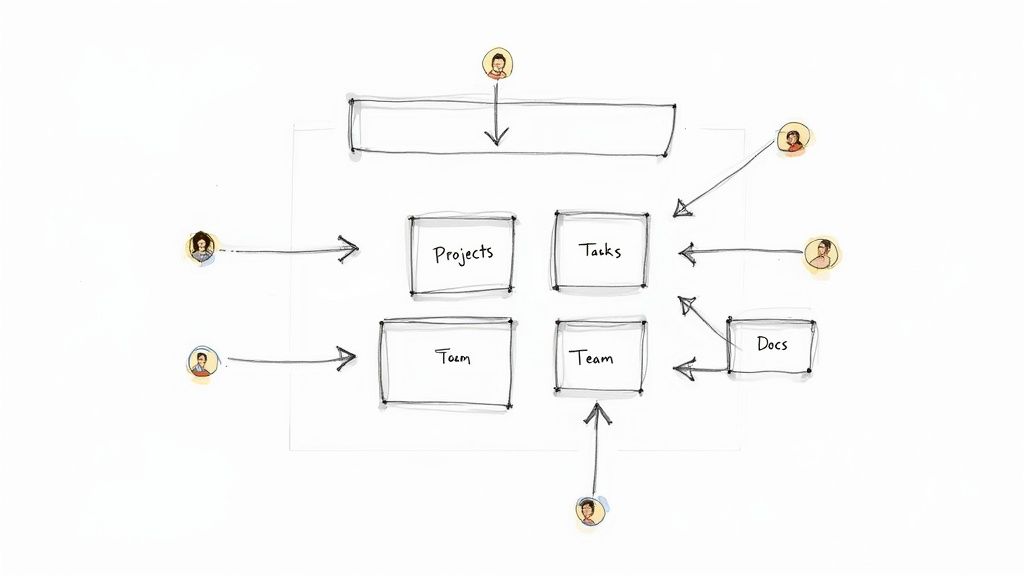 A hand-drawn diagram illustrating a project management workflow with user icons, projects, tasks, team, and docs.