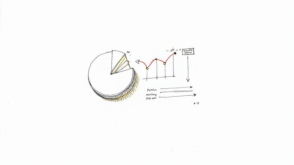 A hand-drawn sketch of a pie chart, an upward trending line graph, and text annotations illustrating data flow.