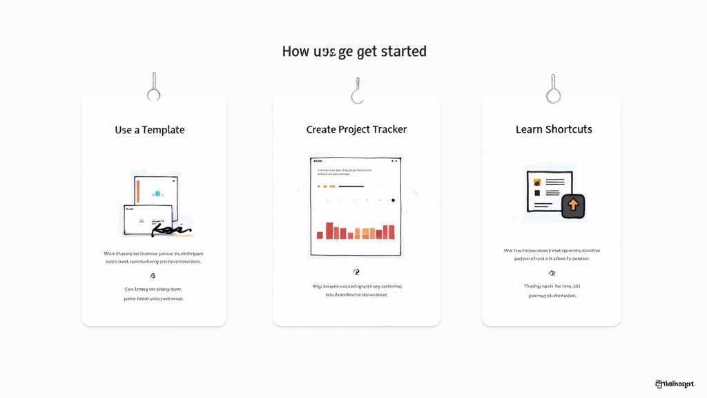 A person's hands organizing papers and a laptop on a clean wooden desk, symbolizing the process of getting started with Notion.