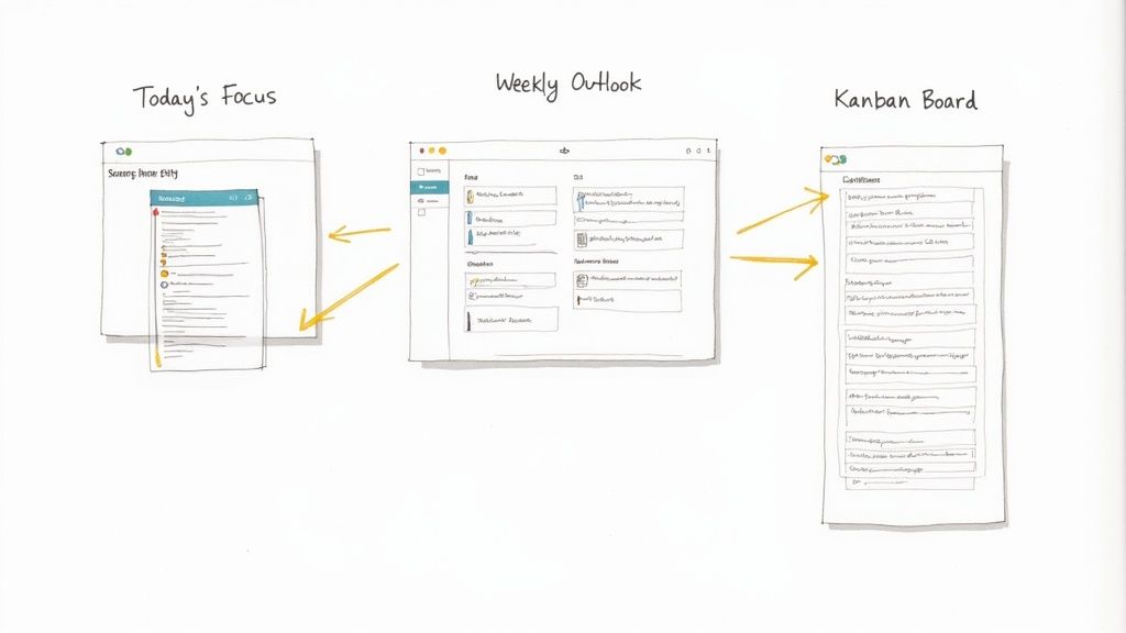 A workflow diagram showing Today's Focus, Weekly Outlook, and Kanban Board for task management.