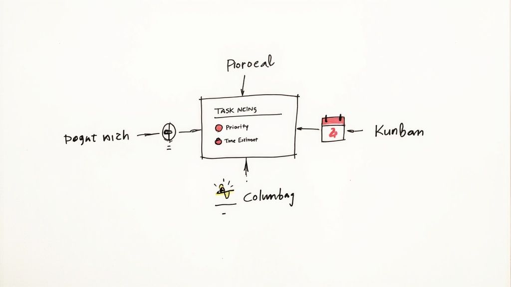Handwritten diagram illustrating a task management system with priority, time estimates, and external inputs.