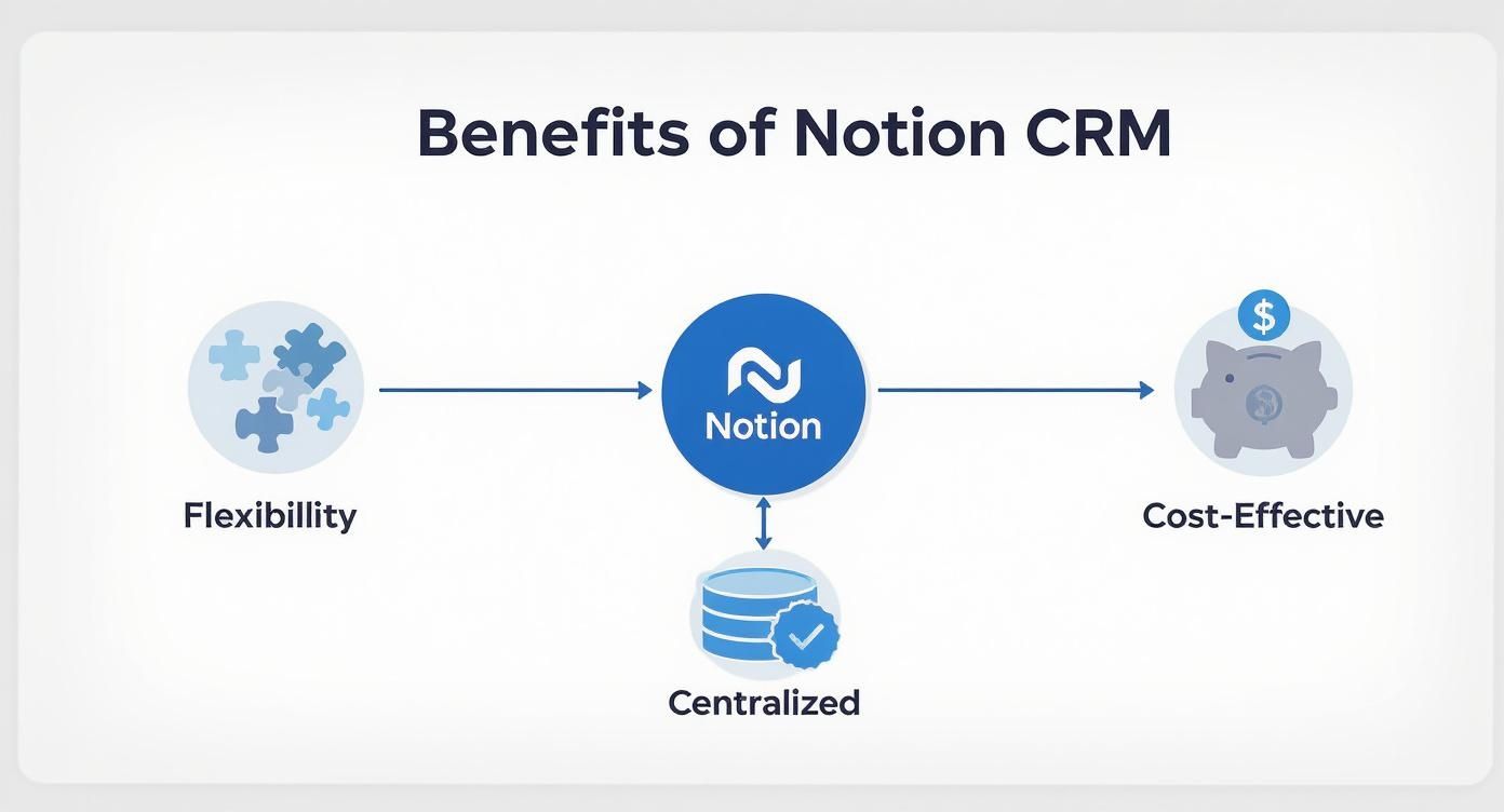 Infographic about the benefits of a Notion CRM, showing a central hub linked to Flexibility, Centralized Data, and Cost-Effectiveness.