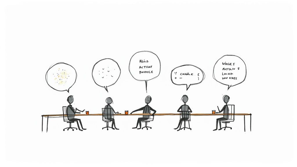 A person writing in a notebook during a meeting, representing the creation of an action-oriented template.