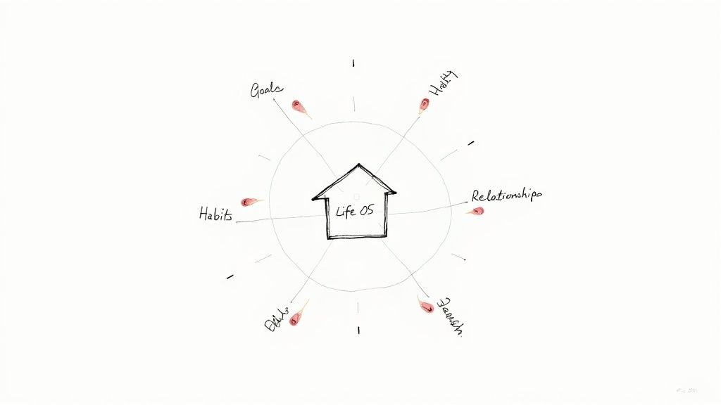 A hand-drawn diagram illustrating a 'Life OS' at the center, surrounded by categories like Goals, Habits, and Health.