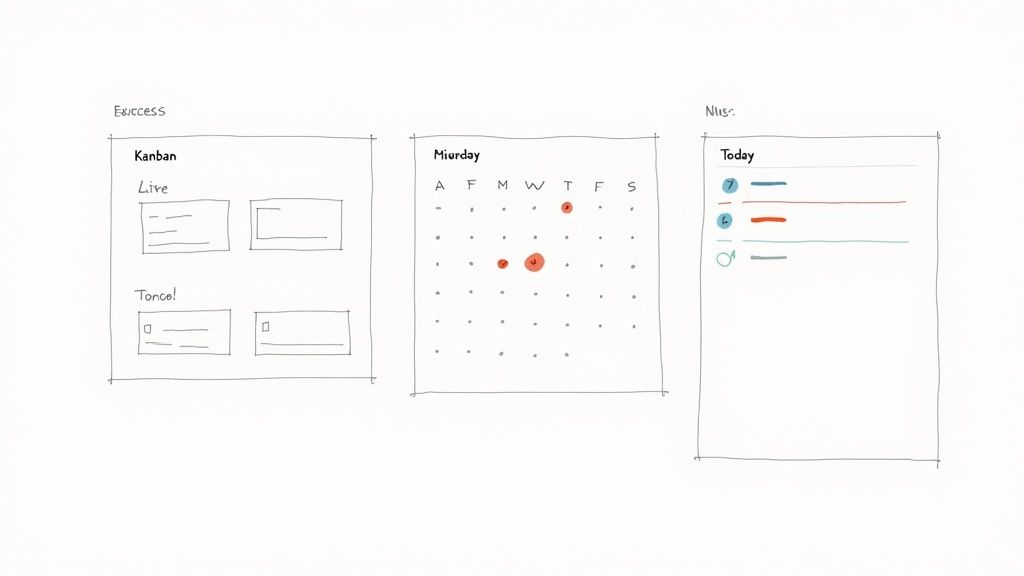 Wireframe sketches showing Kanban board, Mierday calendar, and Nive task list productivity templates
