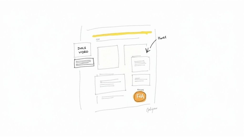 A hand-drawn wireframe sketch illustrating a website layout with content blocks, navigation, and an FAQ button.