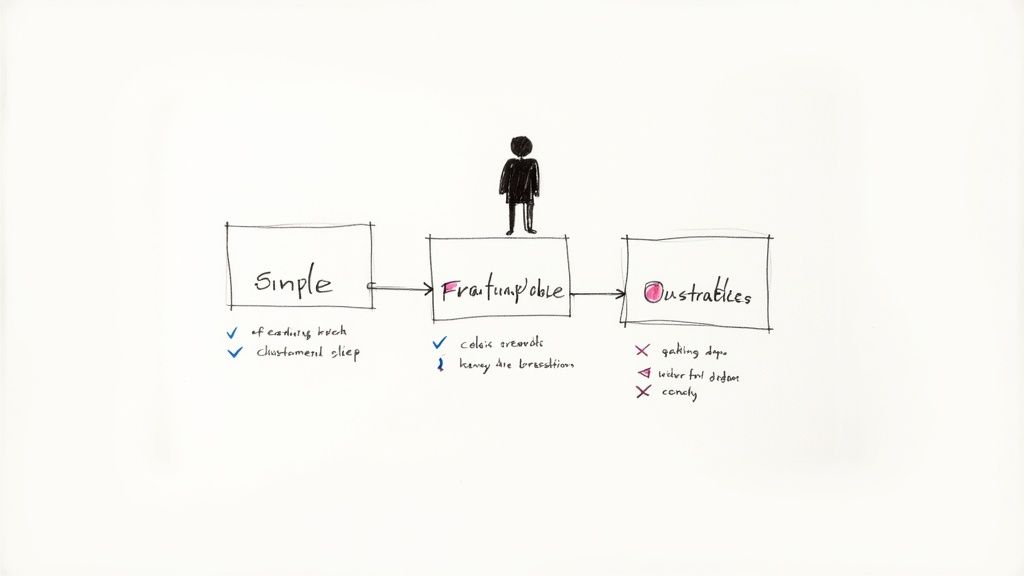 Hand-drawn flow diagram illustrating a conceptual journey from 'Simple' to 'Fraitunp'able' and 'Oustrables'.