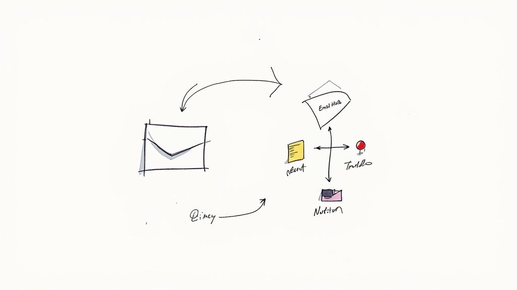 A hand-drawn diagram showing an email inbox connecting to various digital tools like Email Hub, Trello, and Notion.