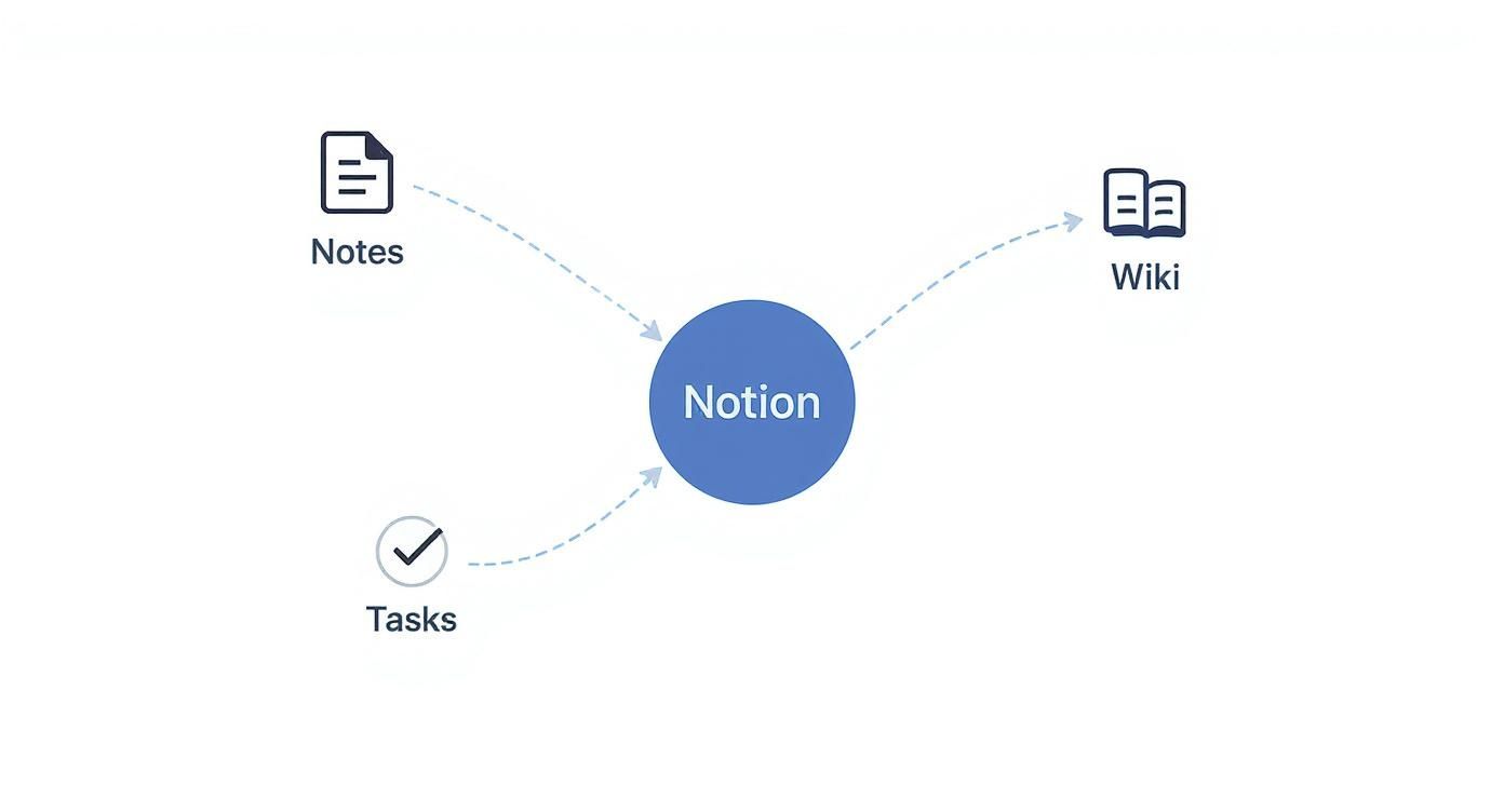 An infographic concept map showing Notion as a central hub connected to Notes, Tasks, and Wiki functionalities.