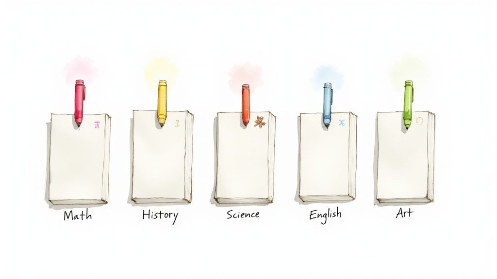 Colorful pens organize five stacks of paper, each representing a different school subject like math or art.