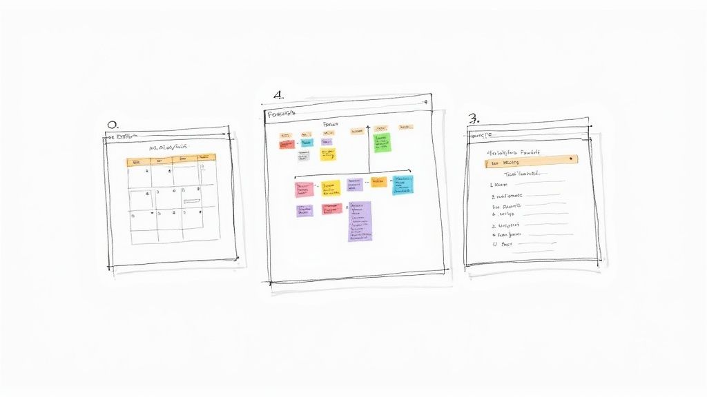 Three hand-drawn wireframes showcasing a calendar, project priorities, and a detailed task list.