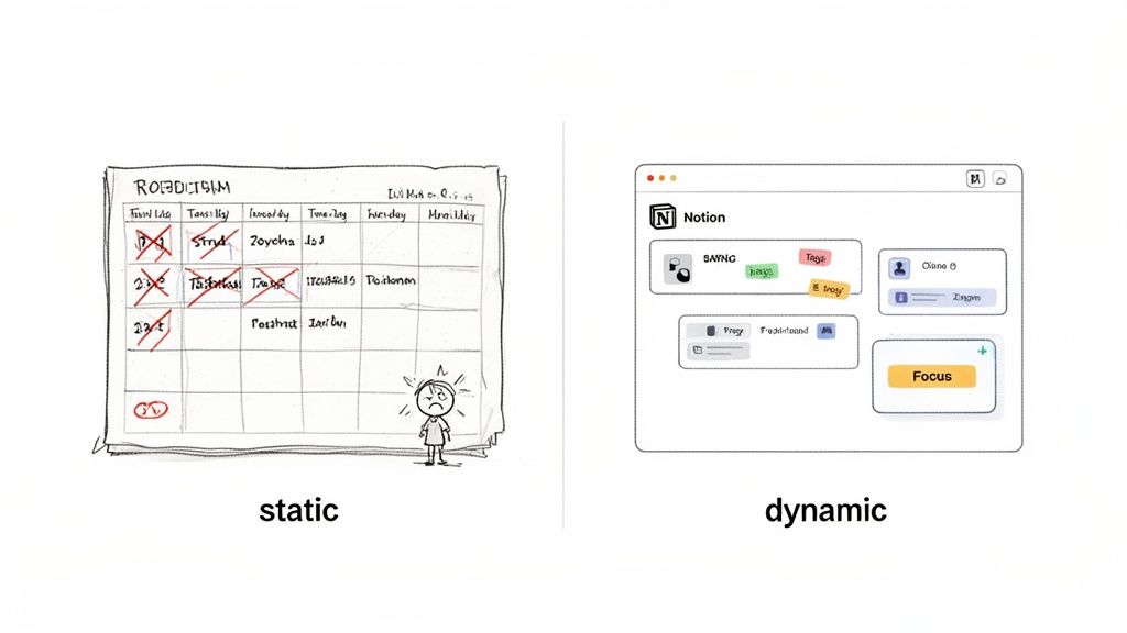 A visual comparison between a static, handwritten daily planner with crossed-out tasks and a dynamic digital Notion interface with modular elements.