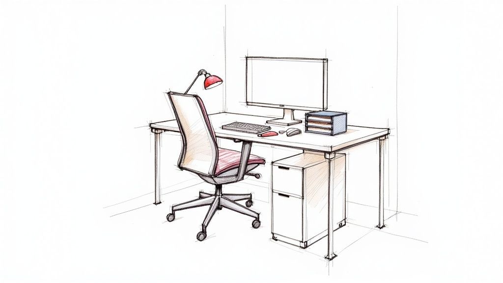 A hand-drawn sketch of a home office setup with a desk, chair, computer, and lamp.