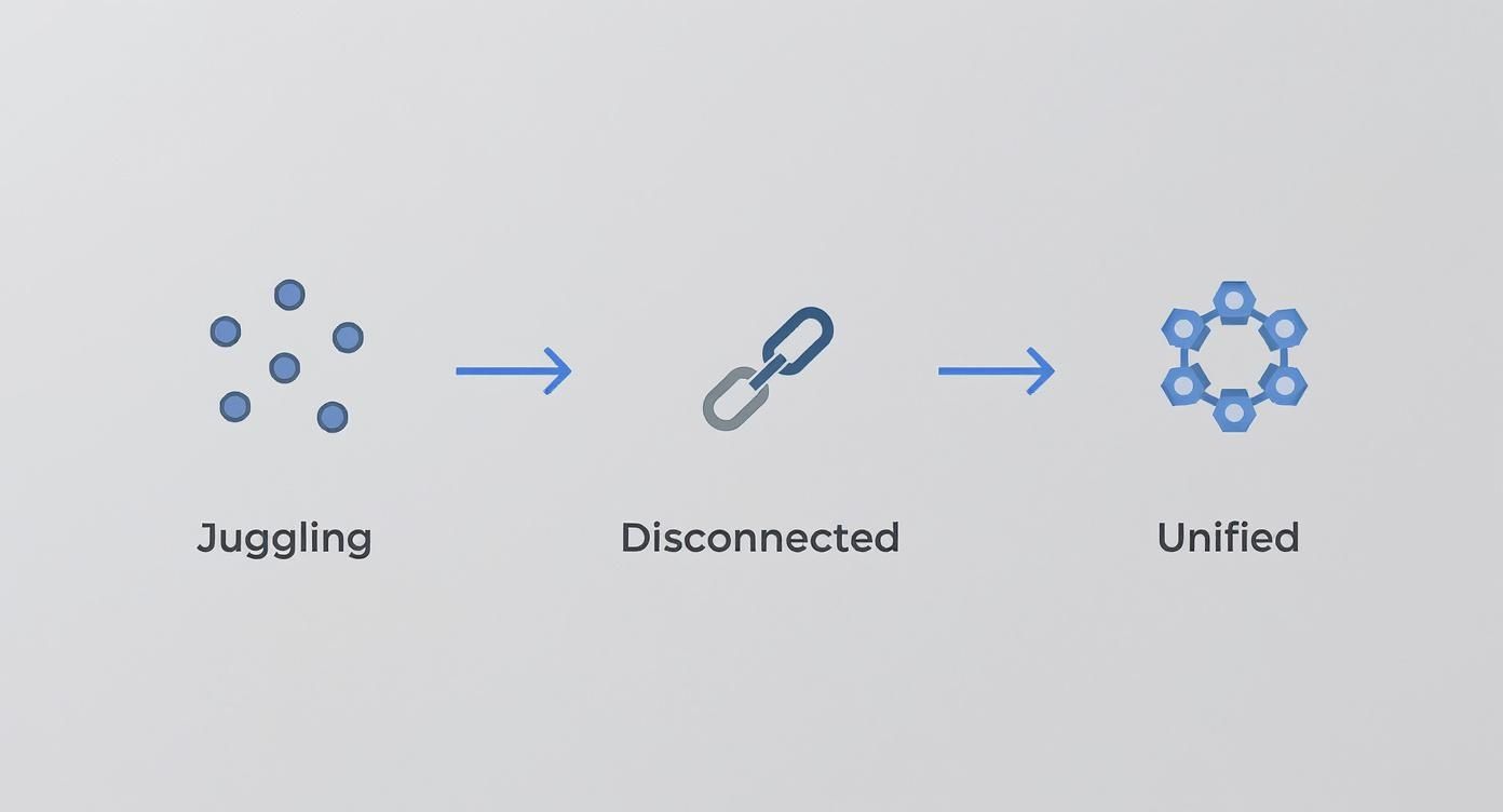 An infographic showing the progression from juggling disorganized tasks to a unified, connected system.