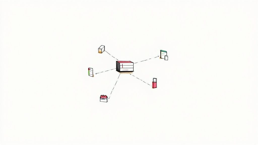 Illustration of a central system managing various digital items like documents, a calendar, and a box.
