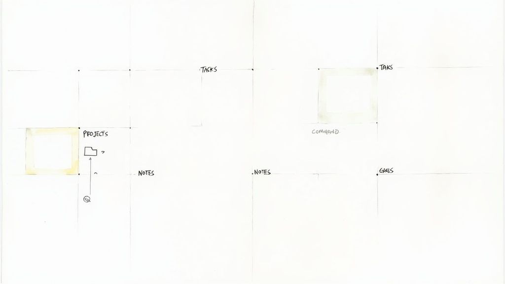 Hand-drawn Notion workspace layout showing projects, tasks, notes, and goals organization sections with sticky note