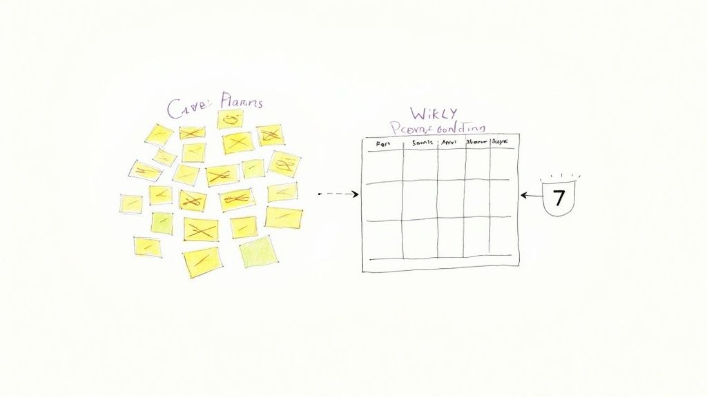 A handwritten diagram shows "Cave Plans" (yellow notes) feeding into a "Weekly Processing" table, concluding with a shield containing the number 7.