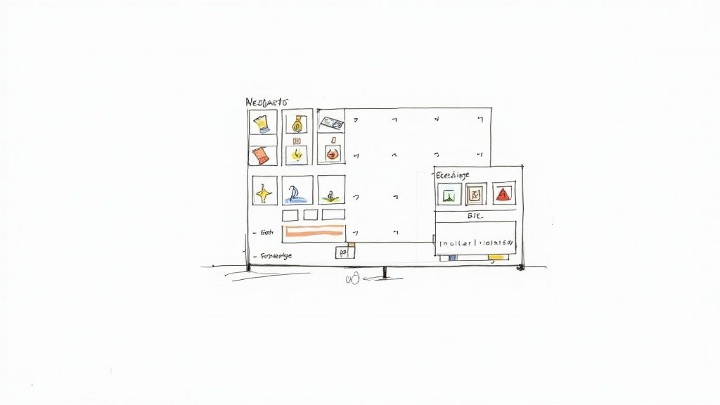 Hand-drawn sketch of Notion dashboard layout showing nested pages and database organization structure