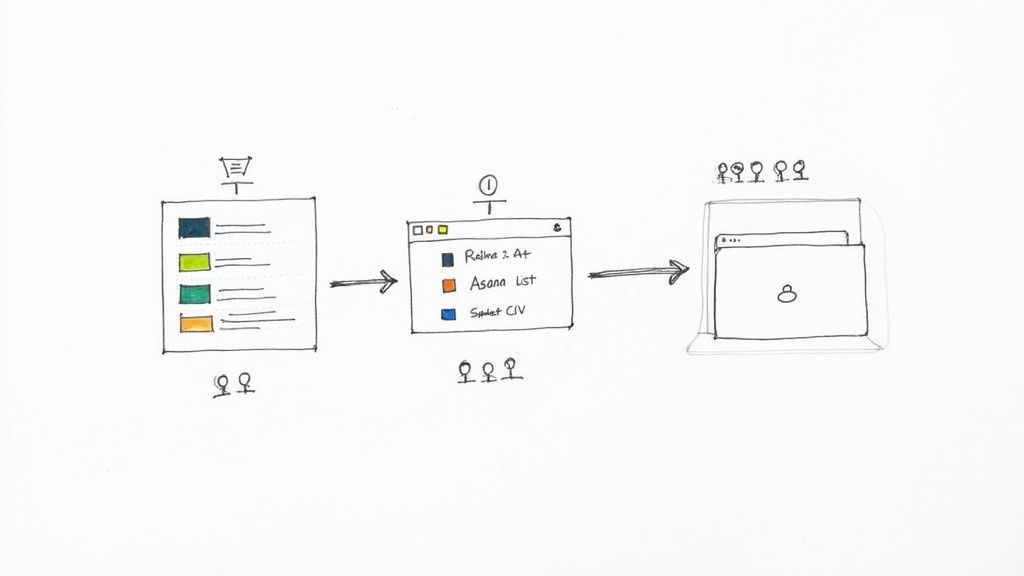A workflow diagram showing three stages of project management: initial tasks, tool selection (Asana), and final digital display.