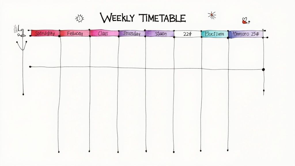 A hand-drawn weekly timetable with colorful day labels, including unique names like 'Sprusday' and 'Fellucay'.