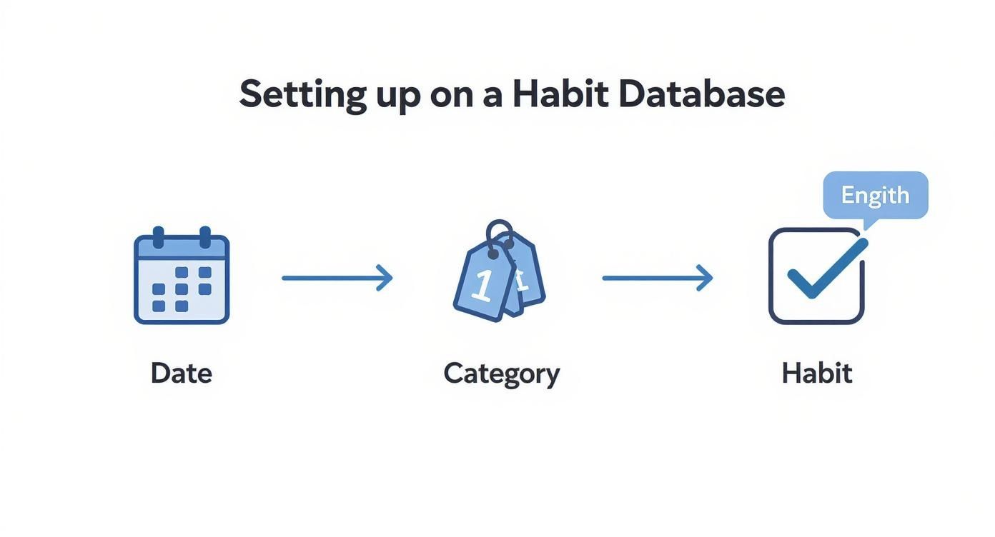 Habit tracking database workflow diagram showing date, category, and habit completion with checkmark icon