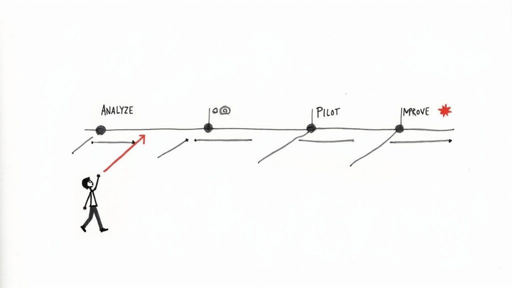 A team collaborating around a desk with laptops and documents, planning a workflow.