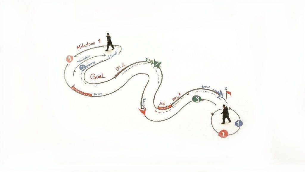 A winding roadmap illustrating a journey towards a central goal with several numbered milestones and a person walking along the path.