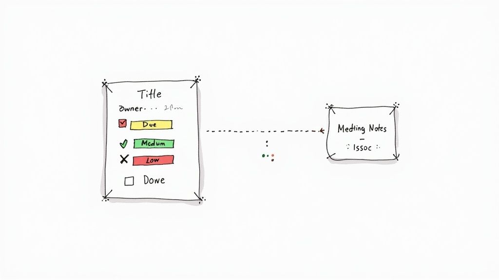 A hand-drawn diagram illustrating an action item list with status checks linked to meeting notes.