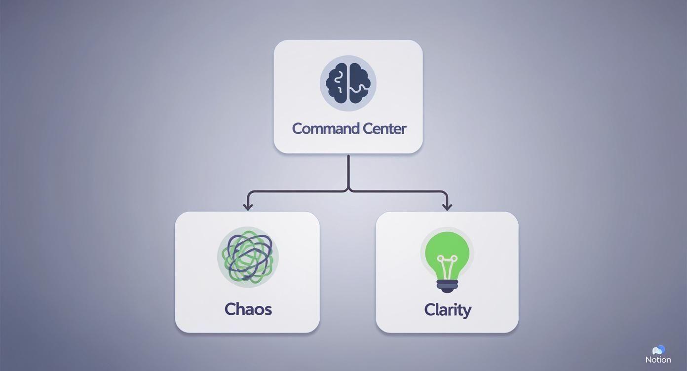 A conceptual diagram illustrating a 'Command Center' with a brain icon branching to 'Chaos' and 'Clarity'.