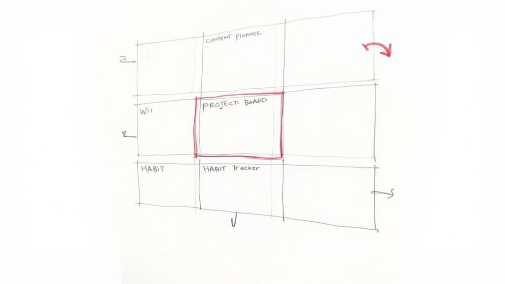 Person using a laptop with Notion templates on the screen, showing organized dashboards and project trackers.