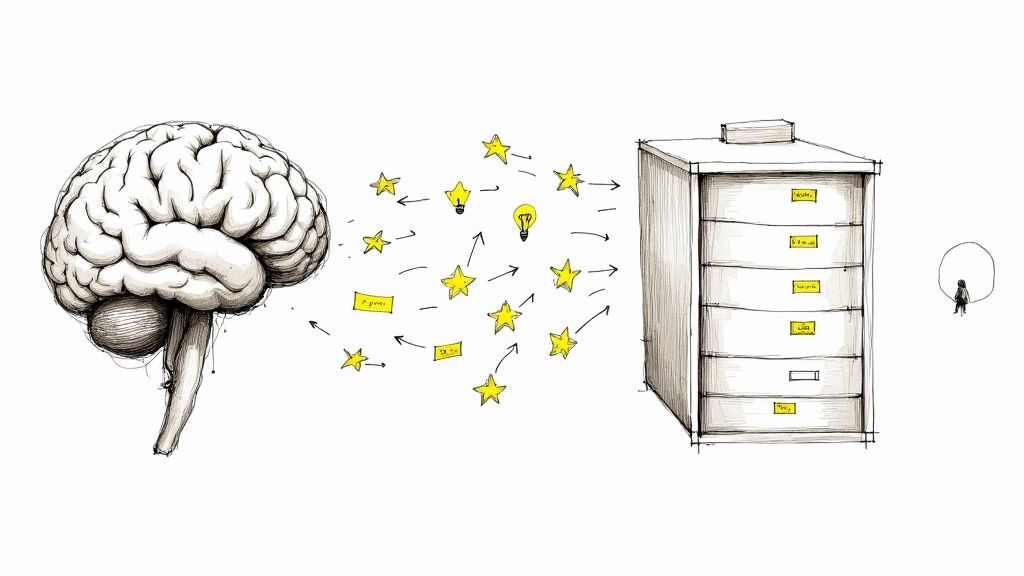 A desk with a laptop open to Notion, a notebook, and a cup of coffee, symbolizing organized work.